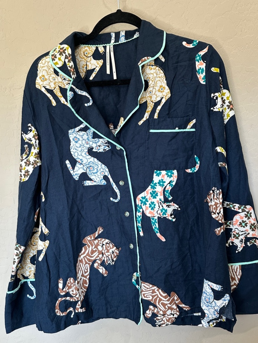 Anthropologie Navy Button-Up Top with Mint Trim and Multicolor Cat Motif